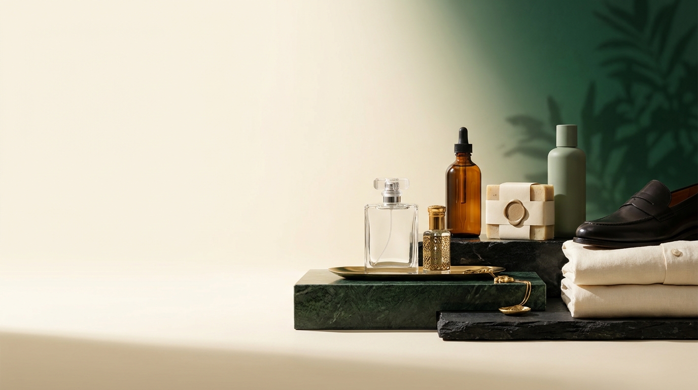 A curated collection of fragrance, care, footwear and wardrobe essentials on green stone